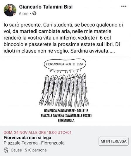 Prefessore di Fiorenzuola (PC) minaccia studenti. Se partecipate alla manifestazione delle sardine la vostra vita diventerà un inferno
